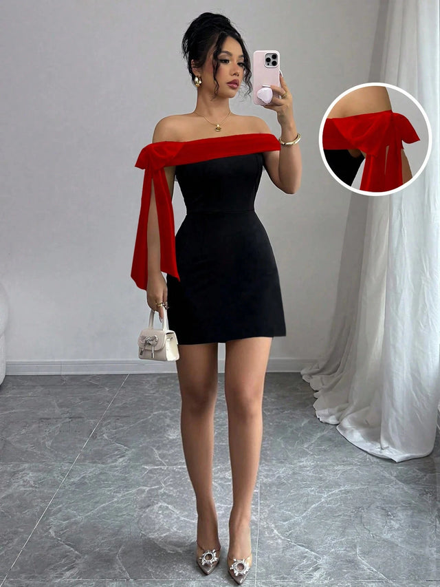 Women's Off Shoulder Mini Dress Red Big Bow Spliced Bodycon Short Dresses Elegant Slim Fit Black