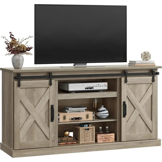 65 TV Stand with Sliding X-Shaped Barn Door, Grey Oak Entertainment Center for Living Room