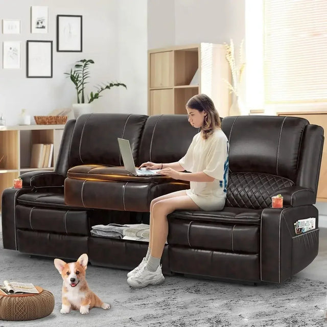 Tri-Seat Manual Reclining Sofa with Multifunctional Middle Seat, Storage, Cup Holders
