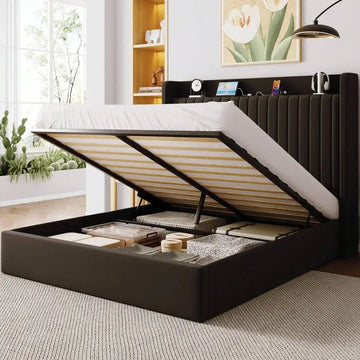 Full/Quenn/King Size Upholstered Bed Frame With Charging Station & Storage Headboard