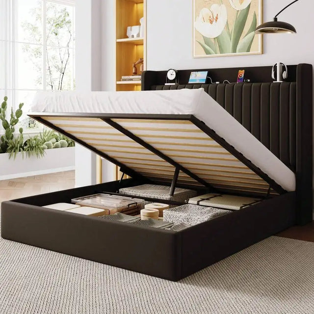 Full/Quenn/King Size Upholstered Bed Frame With Charging Station & Storage Headboard
