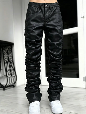 Men's Black Wax Coated Denim Pants, Faux-Leather Look Stacked Ruched Denim Jeans For Men
