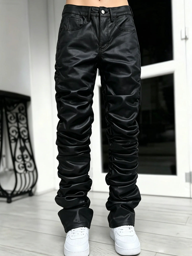Men's Black Wax Coated Denim Pants, Faux-Leather Look Stacked Ruched Denim Jeans For Men
