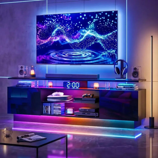 Glossy 70 TV Stand with 2 Cabinets, 3-Tier LED Lighted Media Shelf, Adjustable Glass