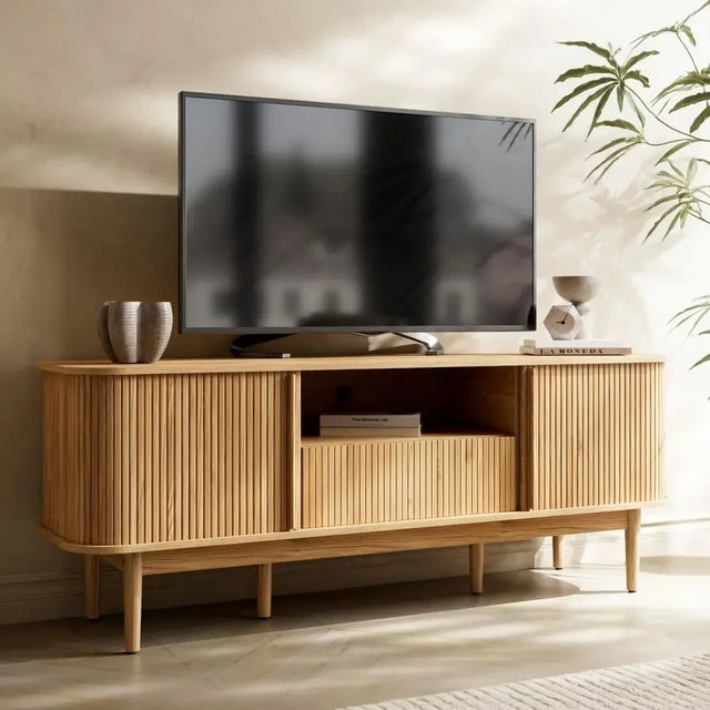 Natural Wood TV Stand for 45-70 Inch TVs - Sliding Door Storage