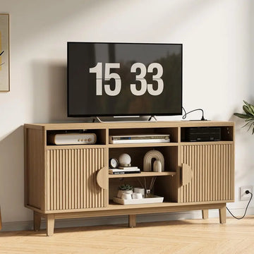 65 TV Stand with 3 Adjustable Shelves, Natural Oak Finish, Charging Station Included
