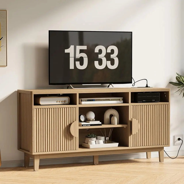 65 TV Stand with 3 Adjustable Shelves, Natural Oak Finish, Charging Station Included