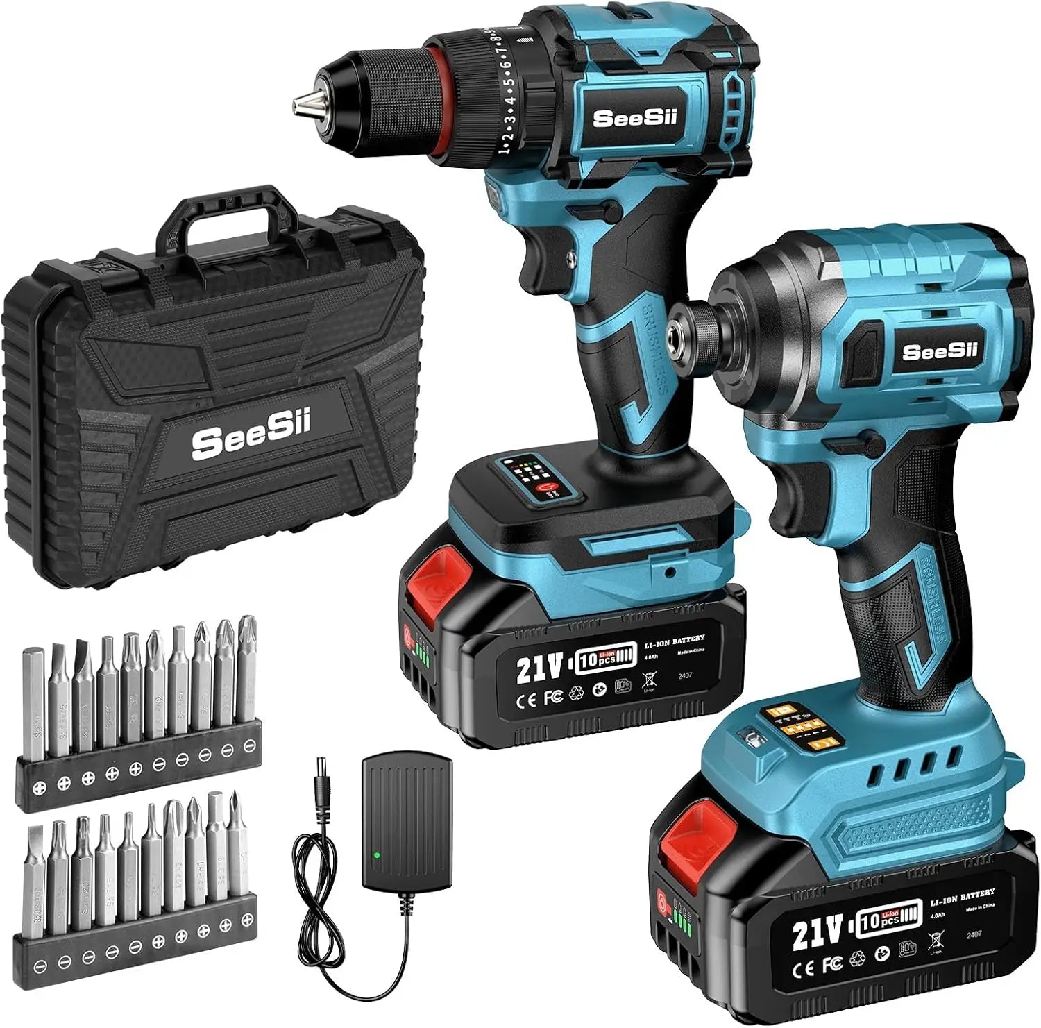 SEESII 21V Brushless Cordless Drill & Impact Driver Kit with Two Batteries – featured product image