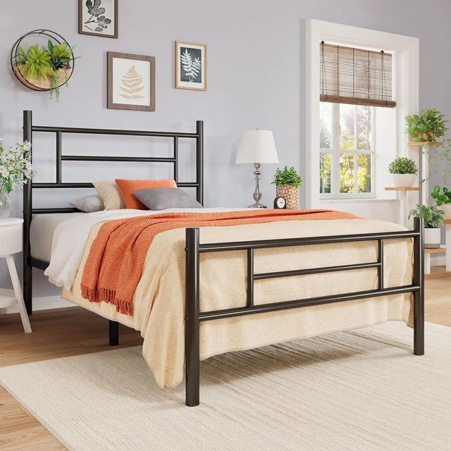 14 Inch Twin Size Metal Platform Bed Frame with Headboard and Footboard, Underbed Storage