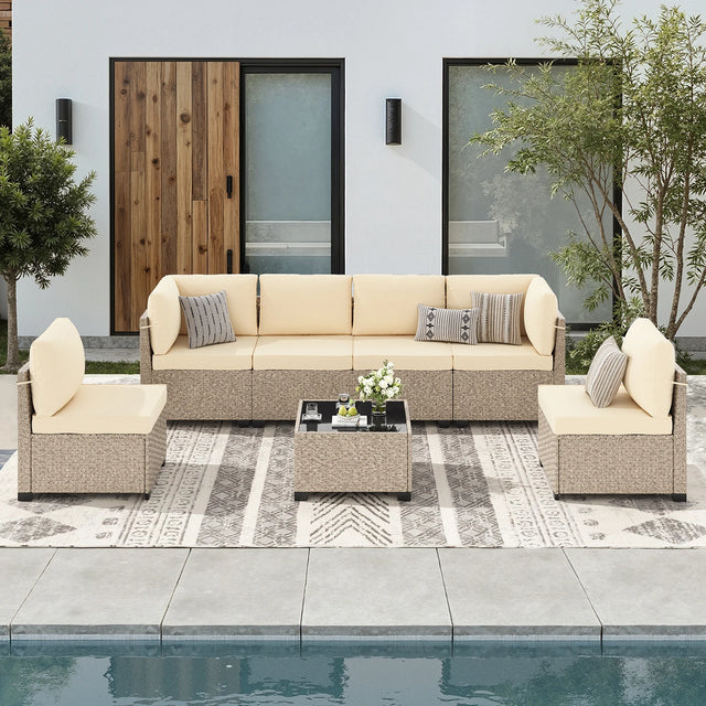 7-Piece Patio Furniture Set, Outdoor Rattan Sectional Sofa with Tempered Glass Table