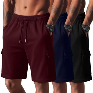 3 Pack Men's Cargo Shorts Summer Athletic 9" Sweat Shorts Drawstring Elastic Waist Bermuda