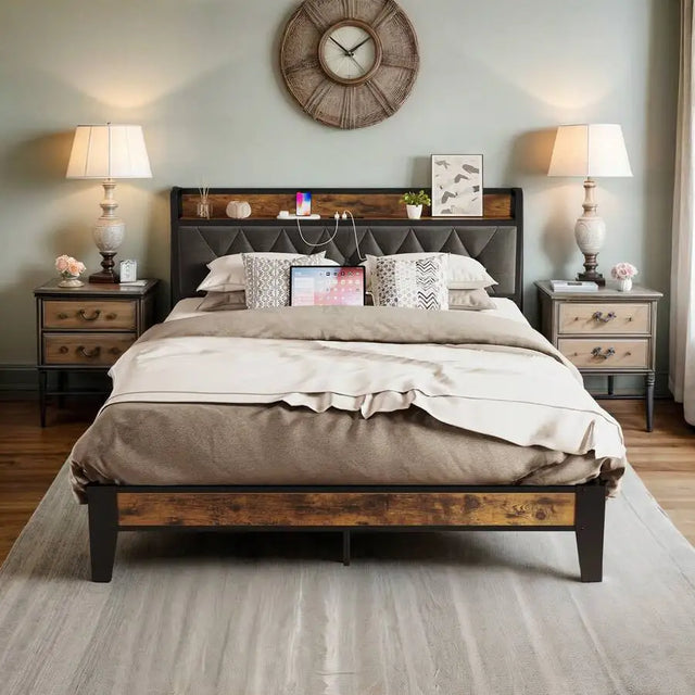 Twin/Full/Queen/King Bed Frames, Storage Headboard With Outlets, Sturdy And Stable
