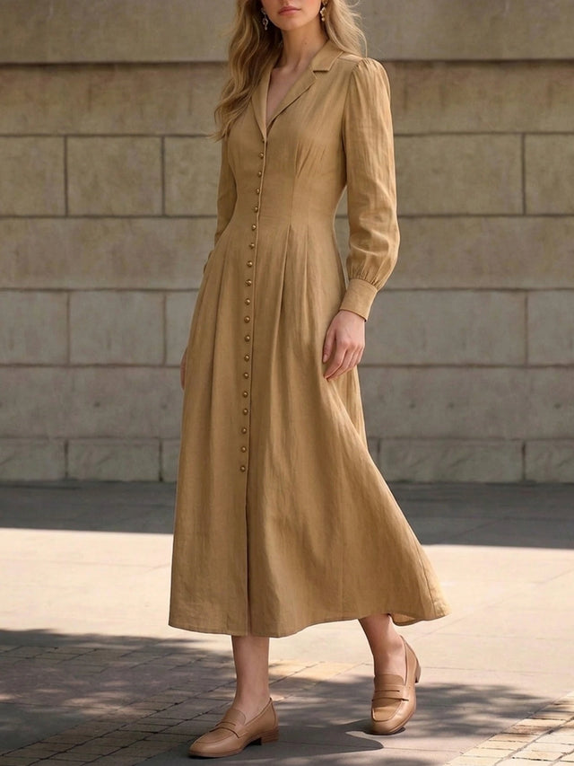 Women's Midi Shirt Dress Lapel Long Sleeve Waist-Fitted Dress With Side Pockets Front Button Down