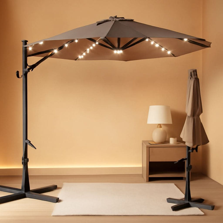 10 ft Solar LED Cantilever Patio Umbrella with Cross Base
