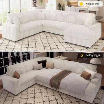 130 in. White Faux Fur Sleeper Sectional Sofa