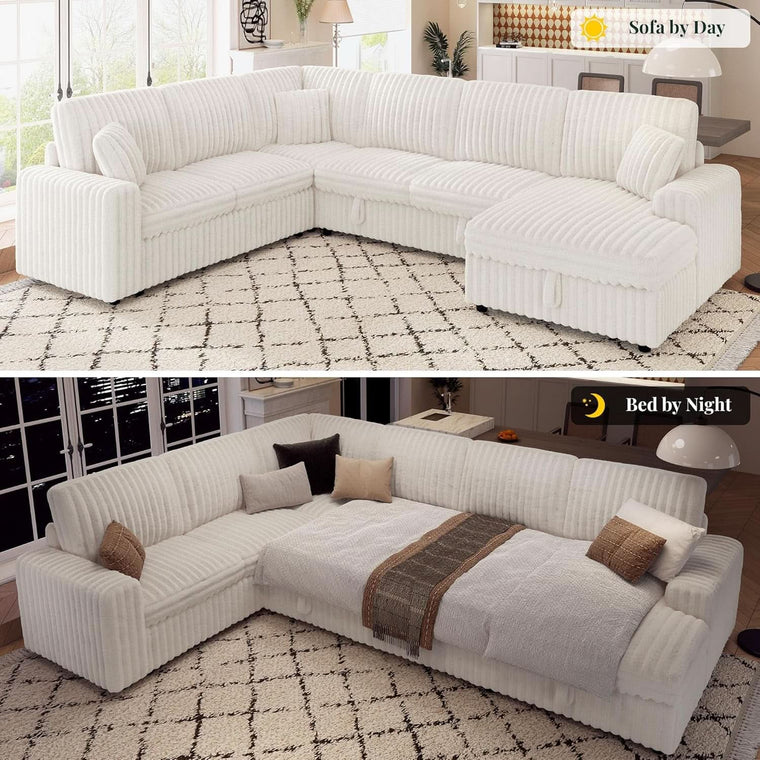 130 in. White Faux Fur Sleeper Sectional Sofa