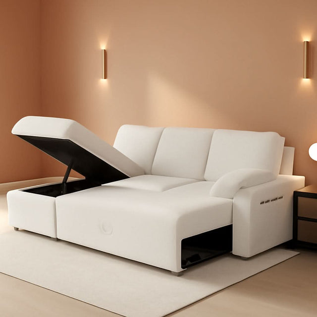 White Bouclé Sleeper Sofa Bed with Storage Chaise