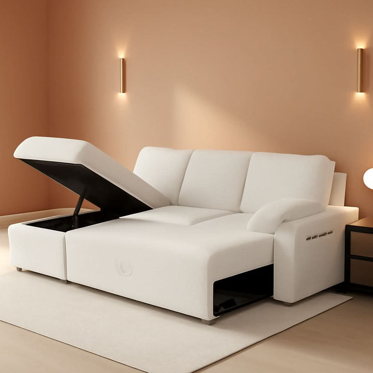 White Bouclé Sleeper Sofa Bed with Storage Chaise