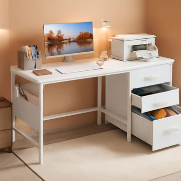 47 in. White Computer Desk with Fabric File Drawers