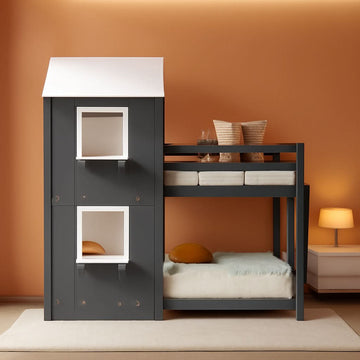 Twin Over Twin House Bunk Bed With Roof And Ladders Grey