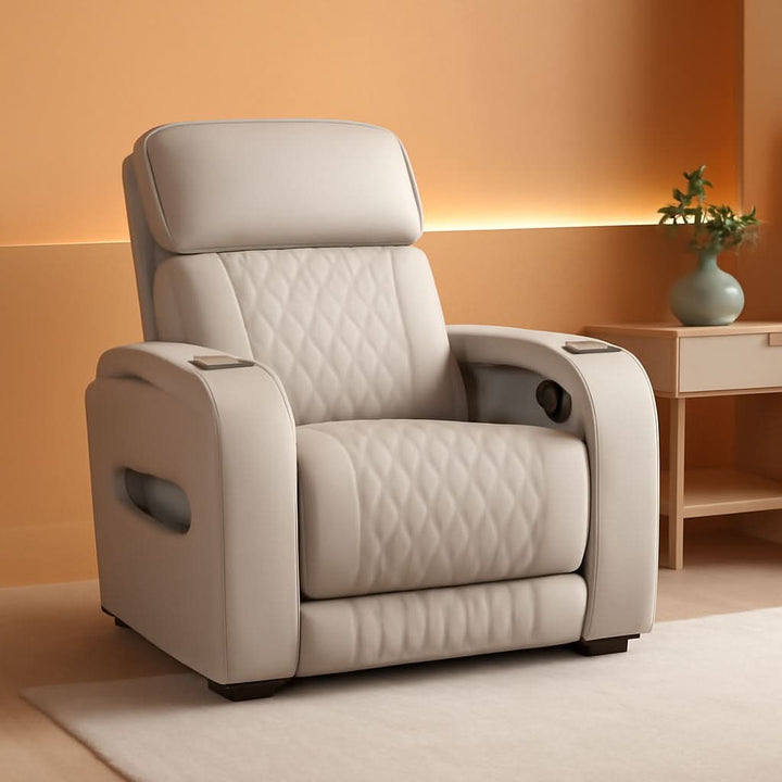 Light Gray Leather Power Recliner With Adjustable Headrest