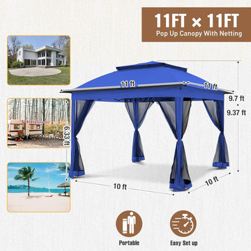 11 x 11 ft Blue Pop-Up Gazebo with UPF 50+ Mesh Netting