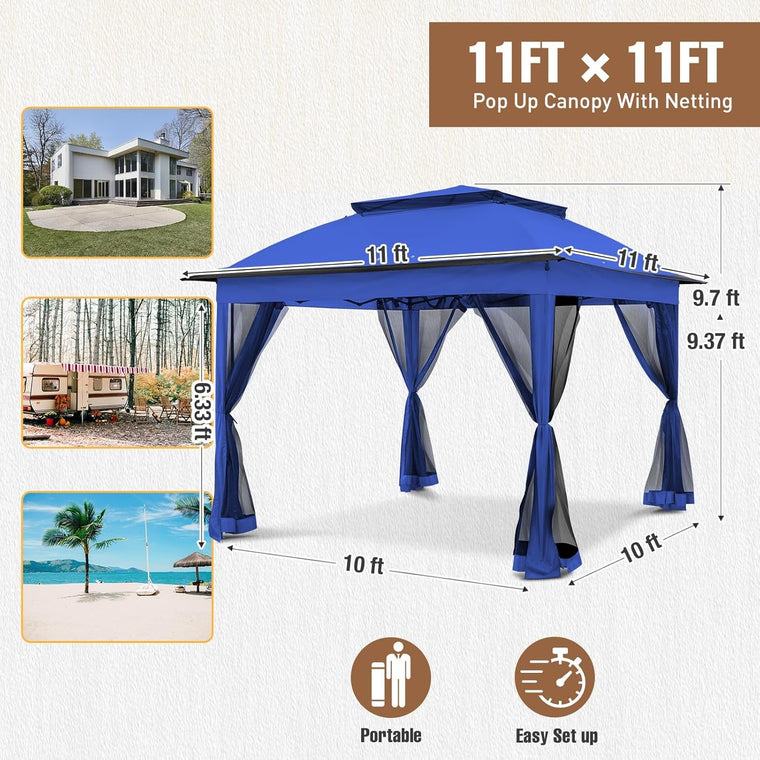 11 x 11 ft Blue Pop-Up Gazebo with UPF 50+ Mesh Netting