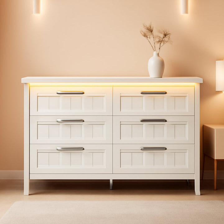 White Slim Modern Six Drawer Dresser With USB Charging