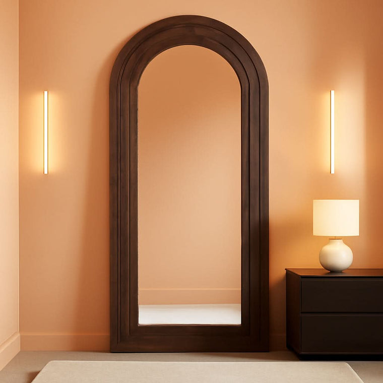 Arched Full Length Mirror 71x32 Inch Brown Solid Wood Frame
