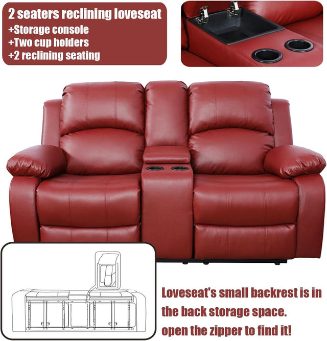 Red Faux Leather Reclining Loveseat With Storage Console