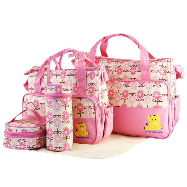 5PCS Per Set Baby Nappy Diaper Bags For Spring Travel Set Mummy Diaper Shoulder Bags WithNappy Changing Pad Insulated Pockets Travel Tote Bags For Mom Dad