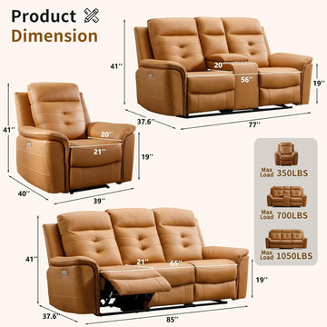 Bright Yellow Power Recliner Sofa Set Charging Port