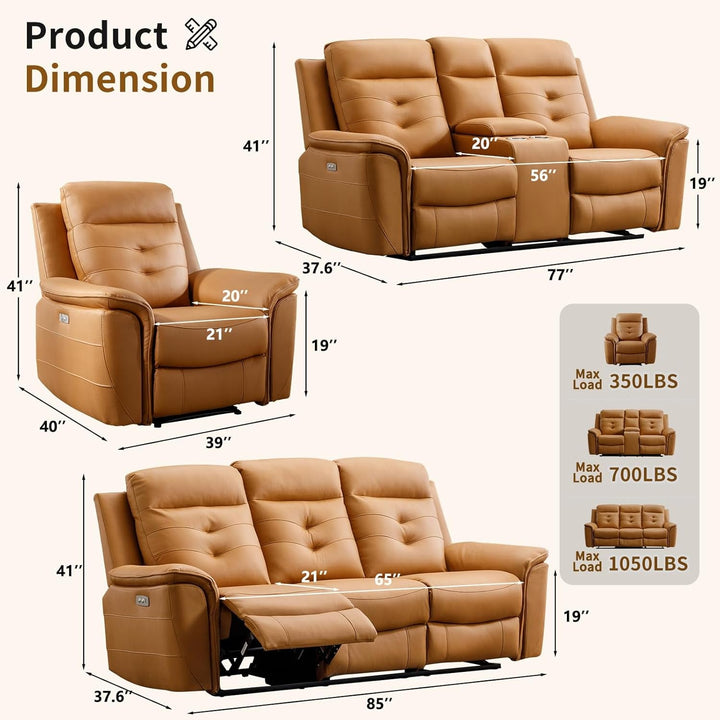 Bright Yellow Power Recliner Sofa Set Charging Port