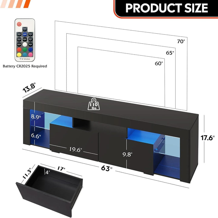 63 Inch Black LED TV Stand With 2 Drawers For Living Room