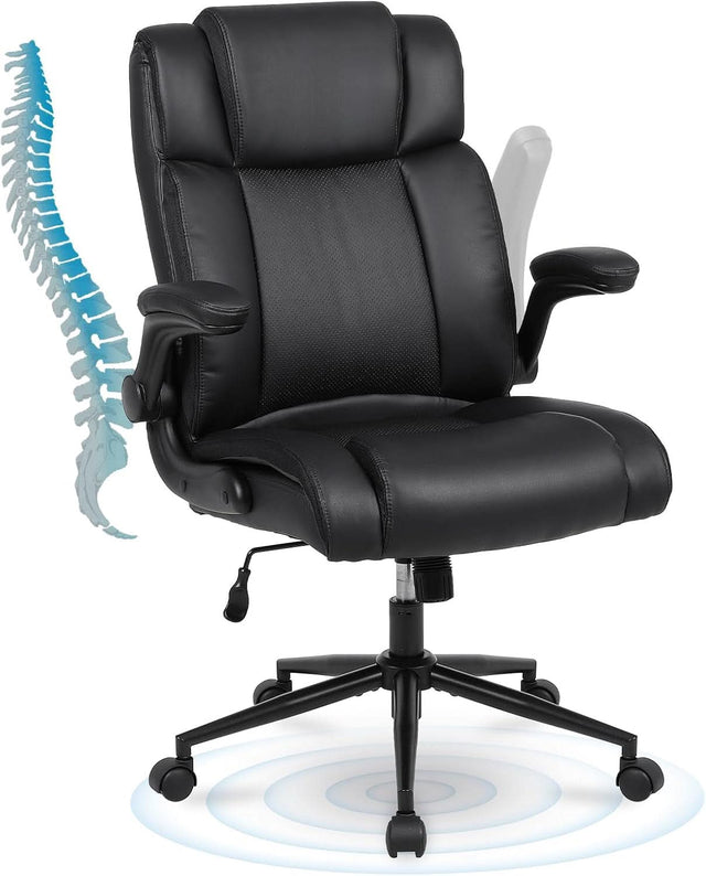 Black Leather Office Chair With Flip Up Armrests And Wheels