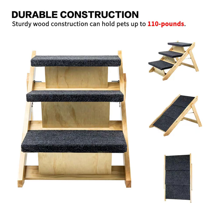 Foldable 3-Level Wooden Pet Stairs & Ramp – 110 lb Capacity