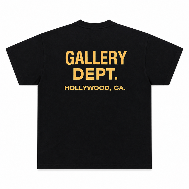 Men's GALLERY DEPT. T-Shirt Black Yellow Print HOLLYWOOD CA Oversized Cotton Streetwear Tee