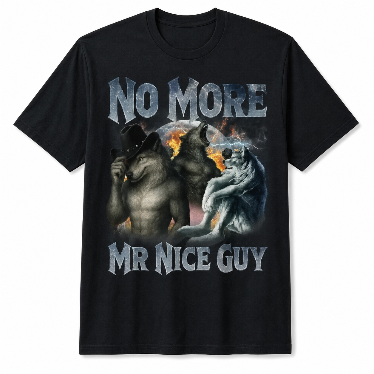 No More Mr Nice Guy wolf graphic black T-shirt professional front view