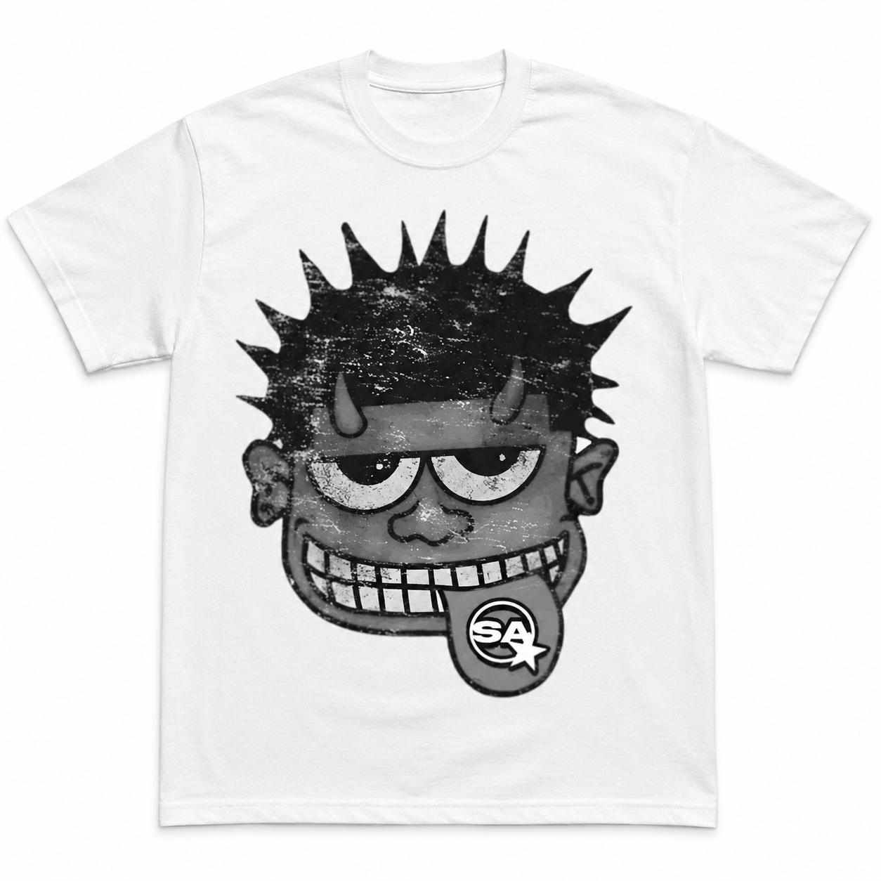 Spiky devil tongue graphic white T-shirt professional front view